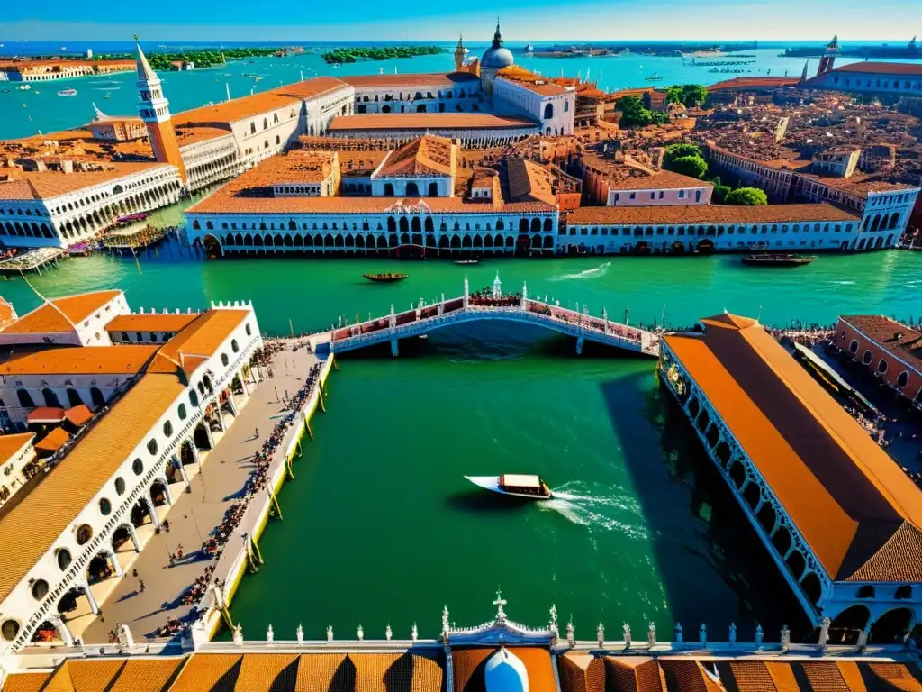 Esplendor renacentista en Plaza San Marcos, Venecia Vista aérea de la Plaza de San Marcos en Venecia en el siglo XV con la arquitectura veneciana en detalle y góndolas en el Gran Canal