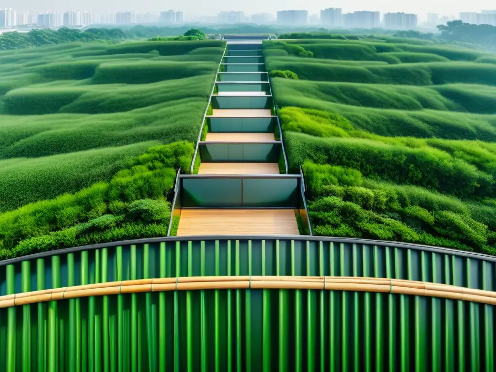 Vista aérea de vanguardista arquitectura en China, fusionando bambú y acero