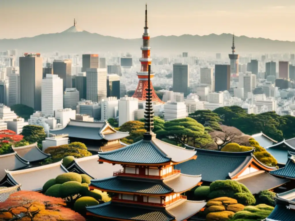 Vista de Tokio con arquitectura moderna y tradicional, incluyendo templos y rascacielos, con el Monte Fuji al fondo