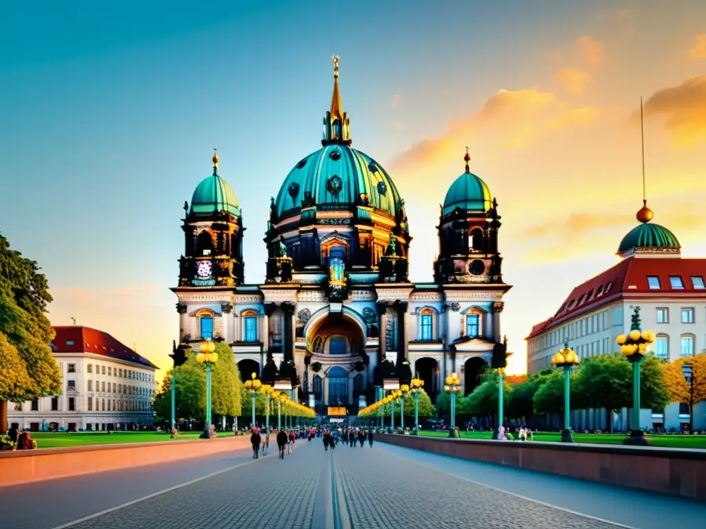 Vista del atardecer en la icónica Catedral de Berlín, con su arquitectura neorrenacentista y detalles ornamentados, iluminada por el cálido sol