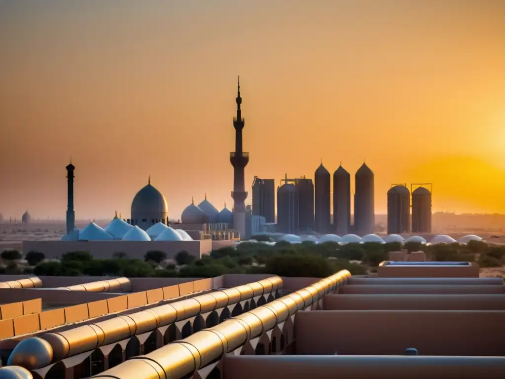 Vista al atardecer de la arquitectura sostenible en la ciudad de Masdar, con sus torres de viento y edificios futuristas