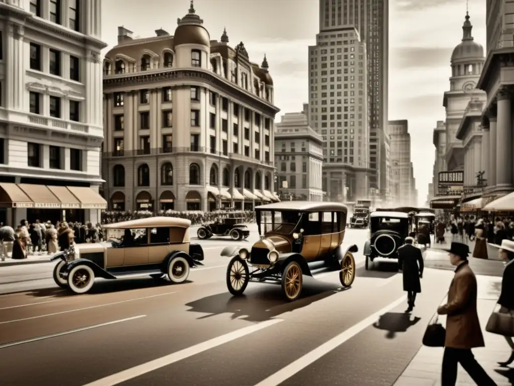 Vista de una bulliciosa calle de la ciudad en tonos sepia, con edificios antiguos y modernos rascacielos