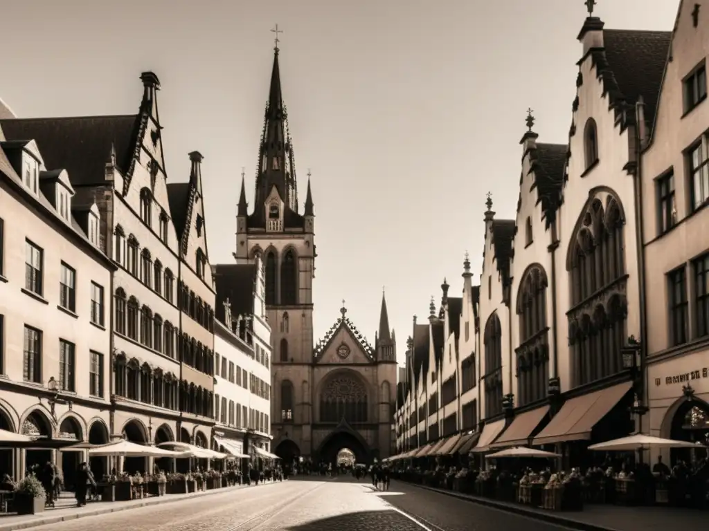 Vista sepia de una bulliciosa calle de la ciudad con arquitectura gótica histórica y gente en trajes de época