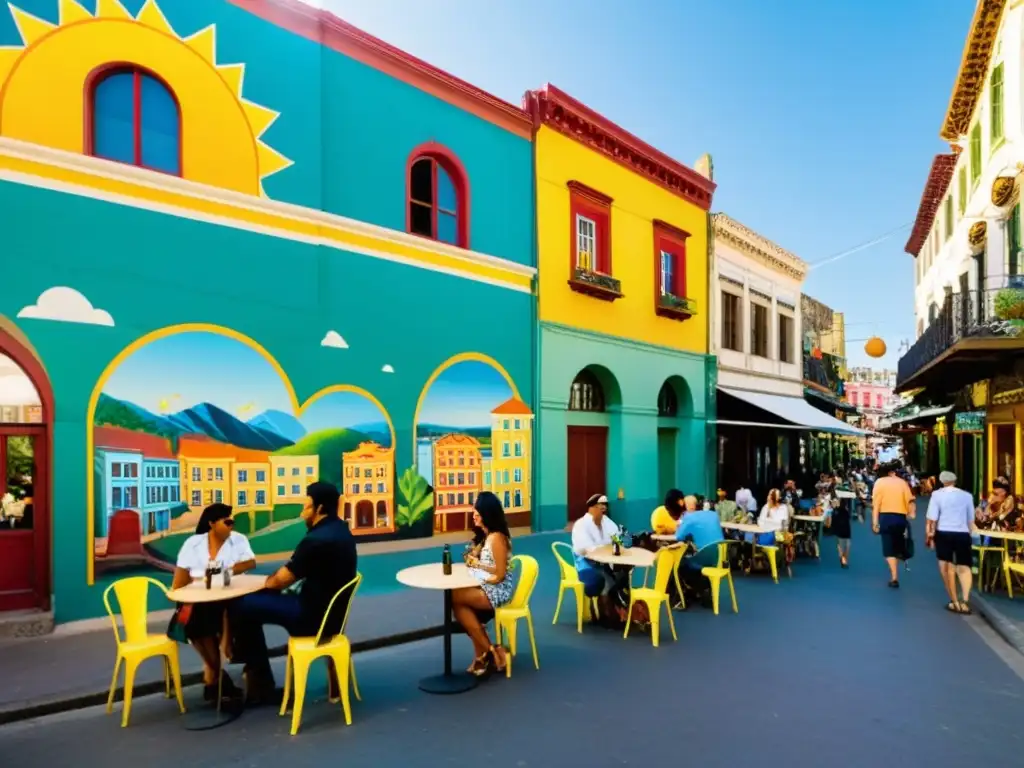 Vista de una calle bulliciosa en un barrio urbano olvidado con intervenciones arquitectónicas, murales coloridos y una atmósfera vibrante al atardecer