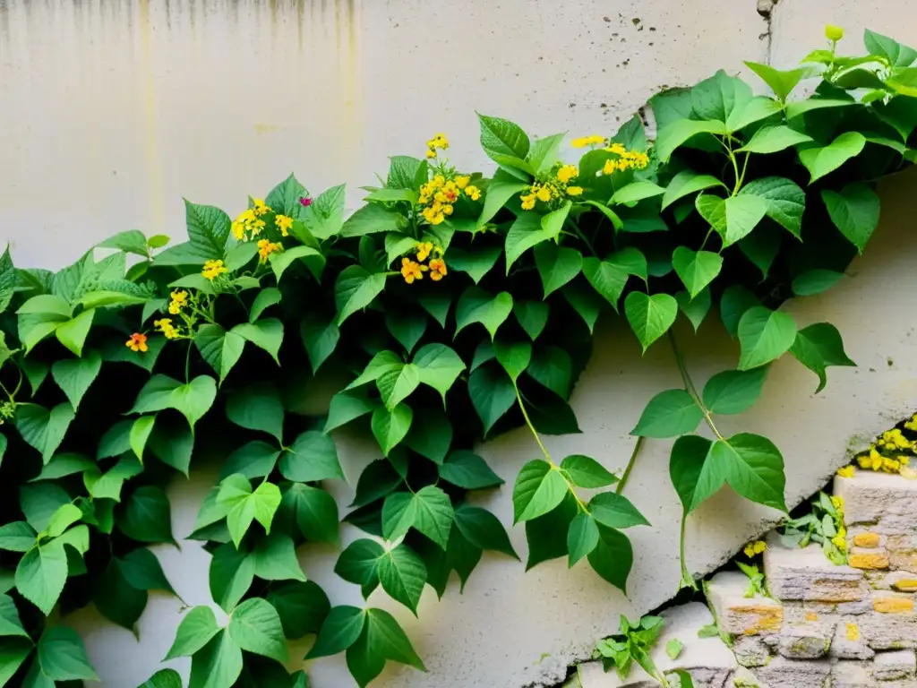 Vista cercana de enredadera verde y flores silvestres en muro de contención ecológico urbano