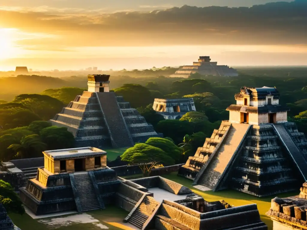 Vista de la ciudad contemporánea con rascacielos y la arquitectura maya y azteca, bajo la luz dorada del atardecer