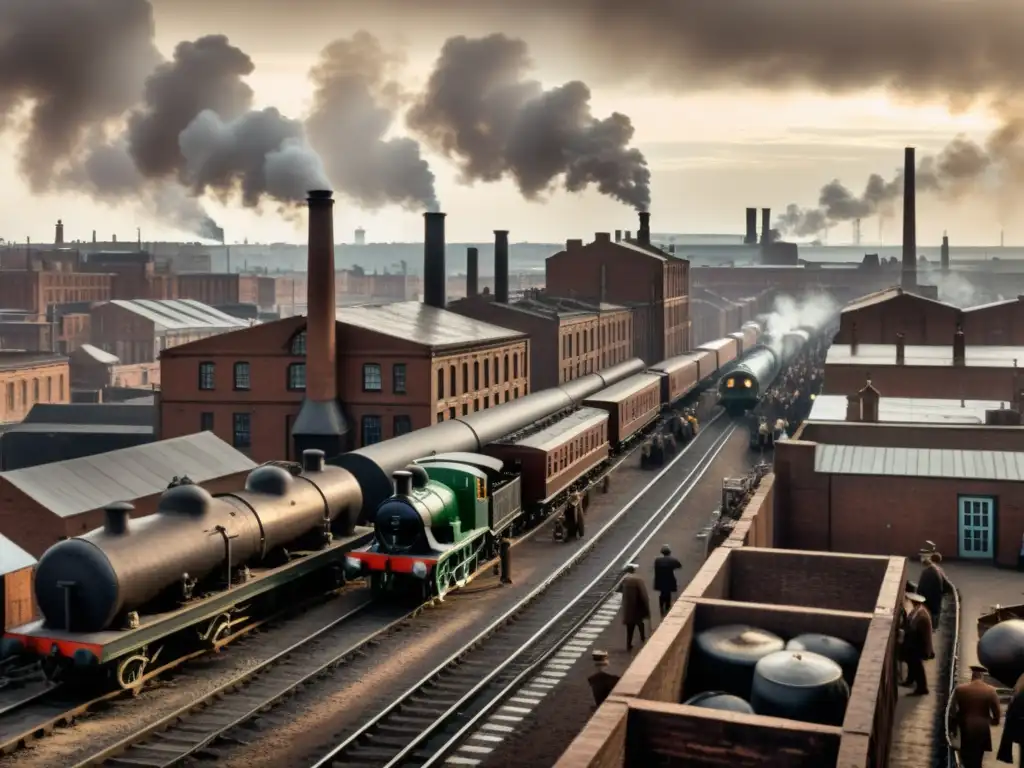 Vista sepia de ciudad industrial en la revolución, con fábricas, ferrocarriles y trabajadores, reflejando la arquitectura en la revolución industrial