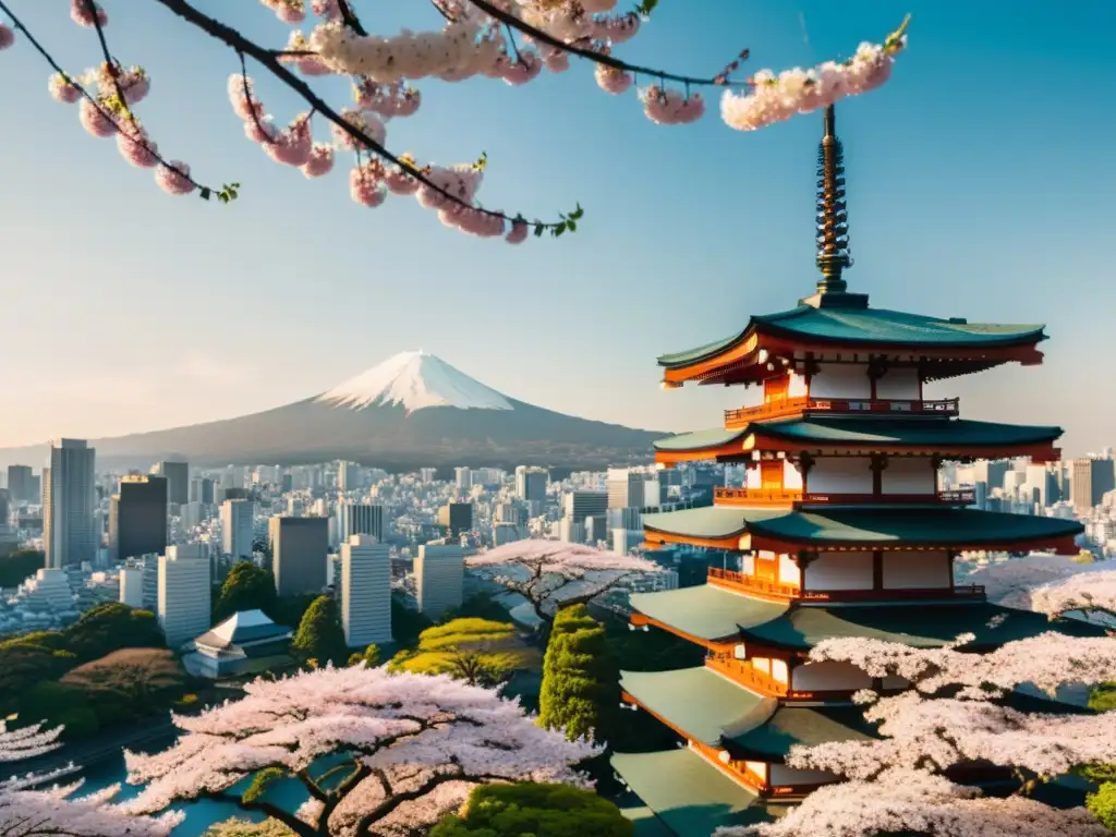 Vista detallada de la arquitectura moderna y tradicional en Tokio, con cerezos en flor y una hermosa luz cálida