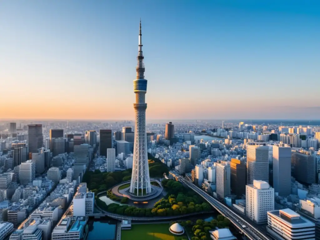 Vista detallada de la icónica Torre de Tokio en un atardecer cálido, con arquitectura moderna y tradicional en Tokio