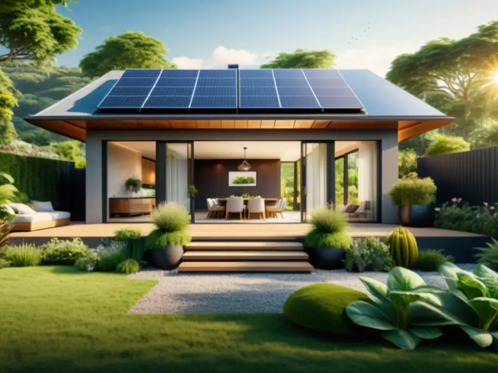 Vista detallada en 8k de una casa moderna con huertos solares domésticos bajo techo, rodeada de exuberante vegetación y jardines vibrantes