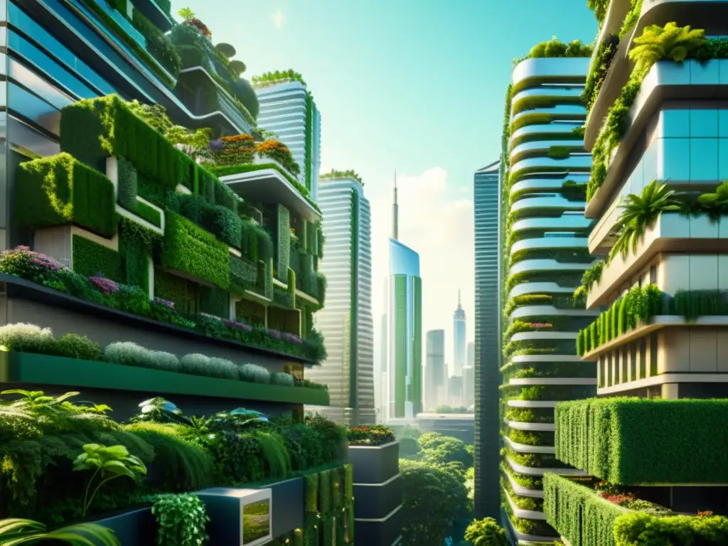 Metrópolis futurista: rascacielos verdes integrados Vista detallada de una ciudad futurista con rascacielos y jardines verticales integrados, creando una arquitectura sostenible y natural