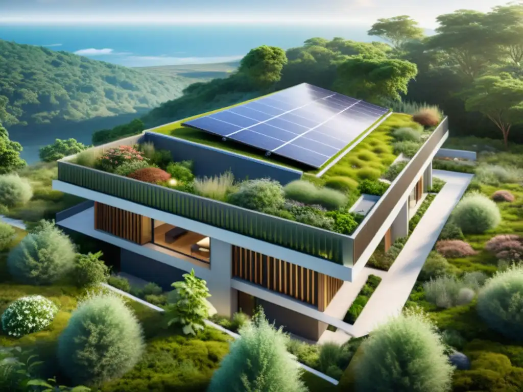 Vista detallada en 8k de un edificio ecológico moderno con tecnología de automatización en arquitectura ecológica, integrando naturaleza y tecnología