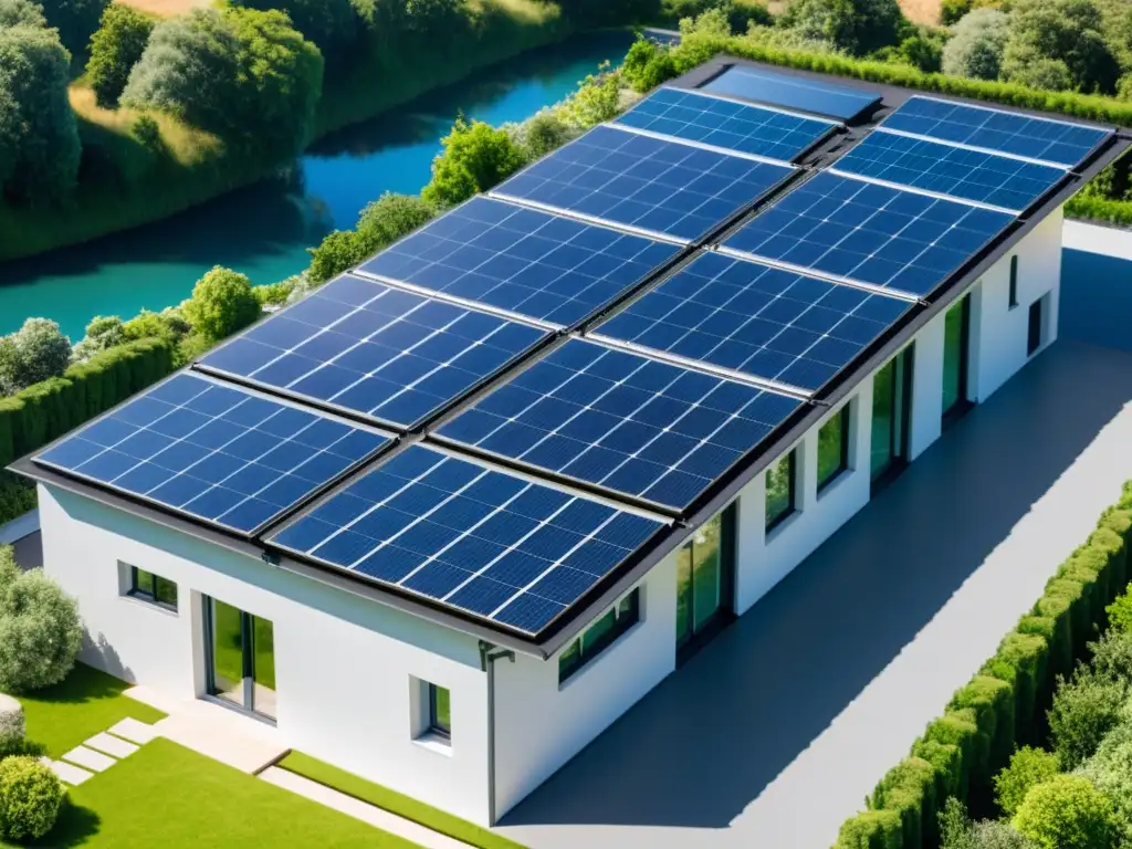 Vista detallada de edificio residencial con paneles solares integrados, paisaje verde y reflejo del sol