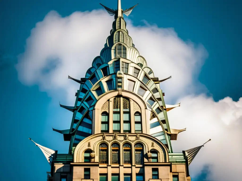 Vista detallada del exterior del Chrysler Building en Nueva York, resurgimiento del estilo Art Deco, con su icónico diseño y elegancia atemporal