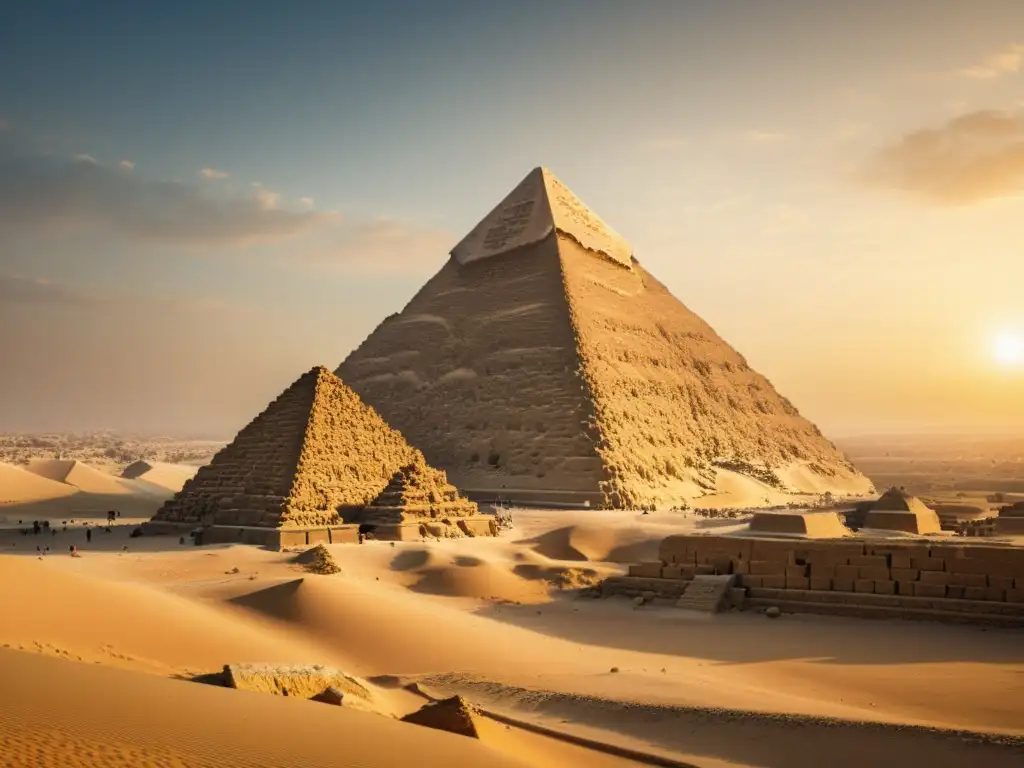 Vista detallada en 8k de la Gran Pirámide de Giza en el desierto, destacando su arquitectura y la influencia en la organización social egipcia