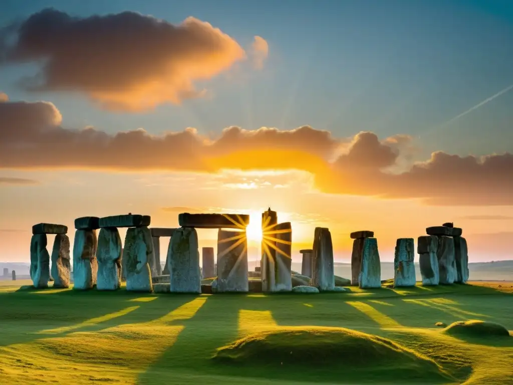 Vista detallada de Stonehenge al amanecer, con los imponentes megalitos silueteados contra un cielo colorido