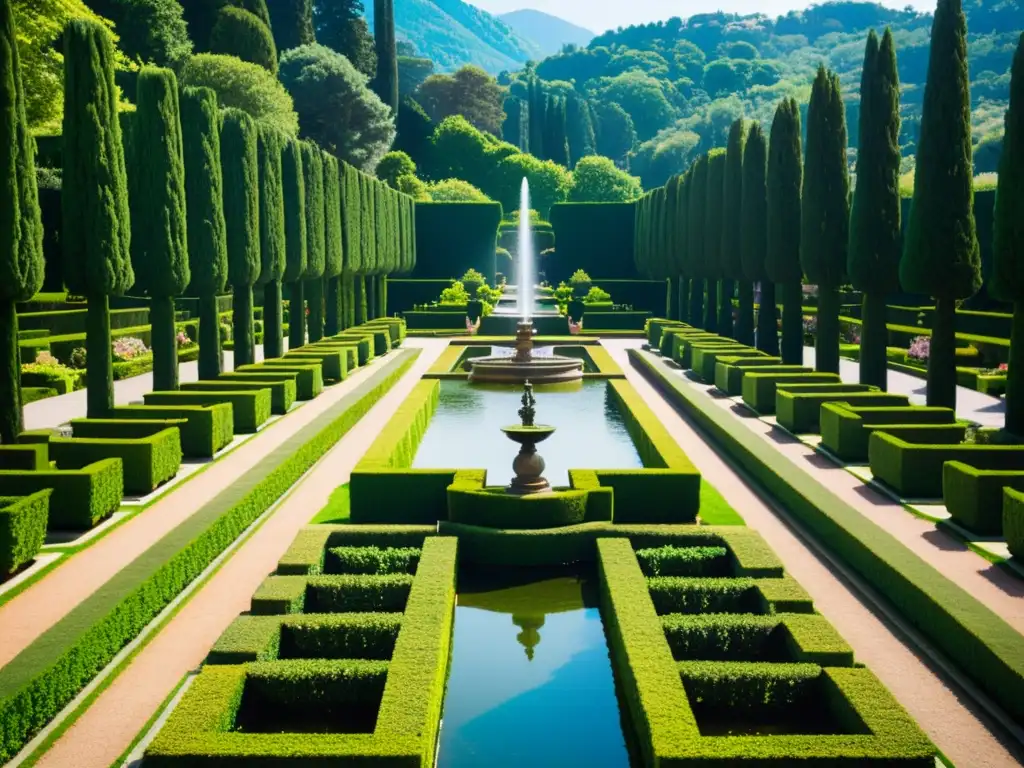 Vista detallada de los jardines de la Villa d'Este, con sus fuentes renacentistas, setos y estatuas