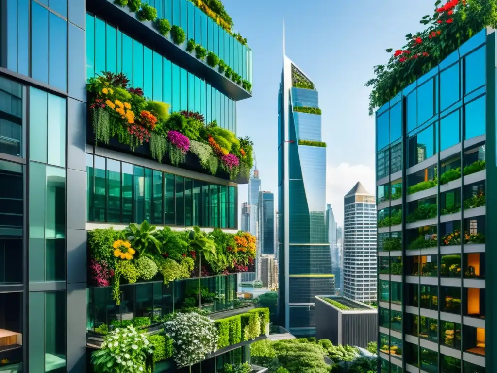 Vista detallada de jardines verticales en arquitectura moderna, mostrando la integración natural en la ciudad