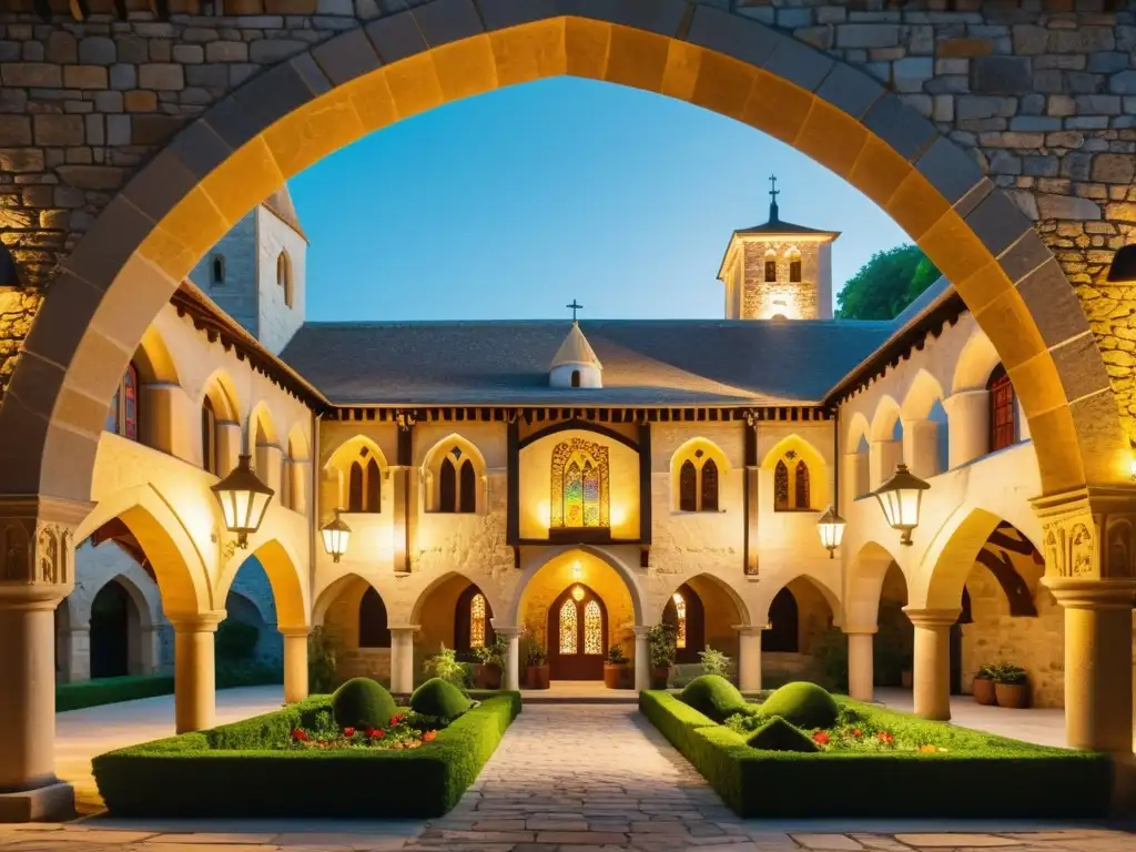 Vista detallada en 8k de un monasterio medieval convertido en hotel, con su fachada de piedra adornada y vitrales antiguos