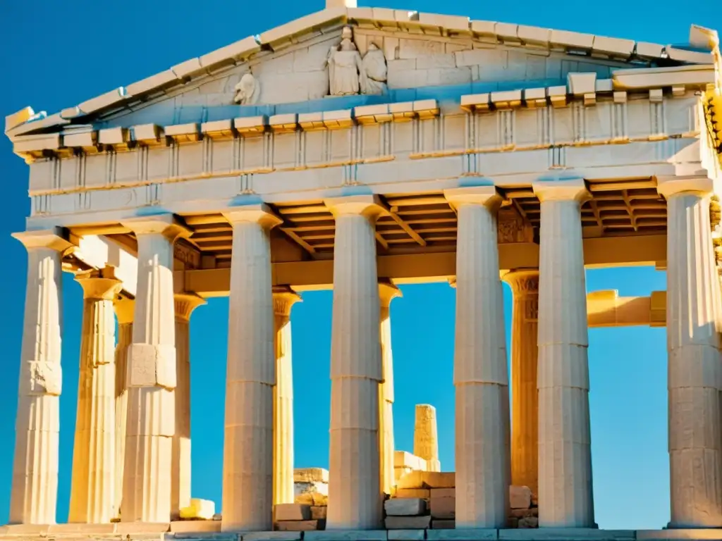 Vista detallada del Partenón en Atenas, Grecia, mostrando la majestuosidad de la arquitectura griega