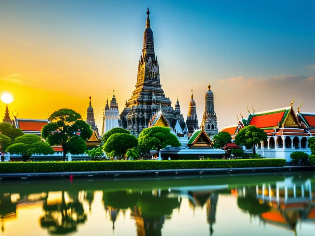 Vista detallada del templo Wat Arun en Bangkok, Tailandia, fusionando diseño tradicional con elementos modernos