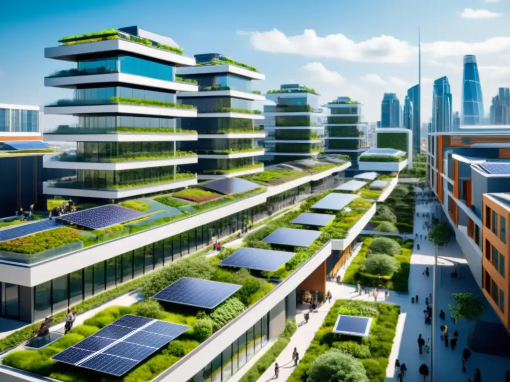 Vista futurista de una ciudad con tecnologías emergentes para combatir el cambio climático en su arquitectura y diseño sostenible