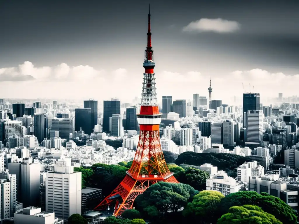 Vista icónica de la Torre de Tokio y su contraste entre arquitectura moderna y tradicional en Tokio