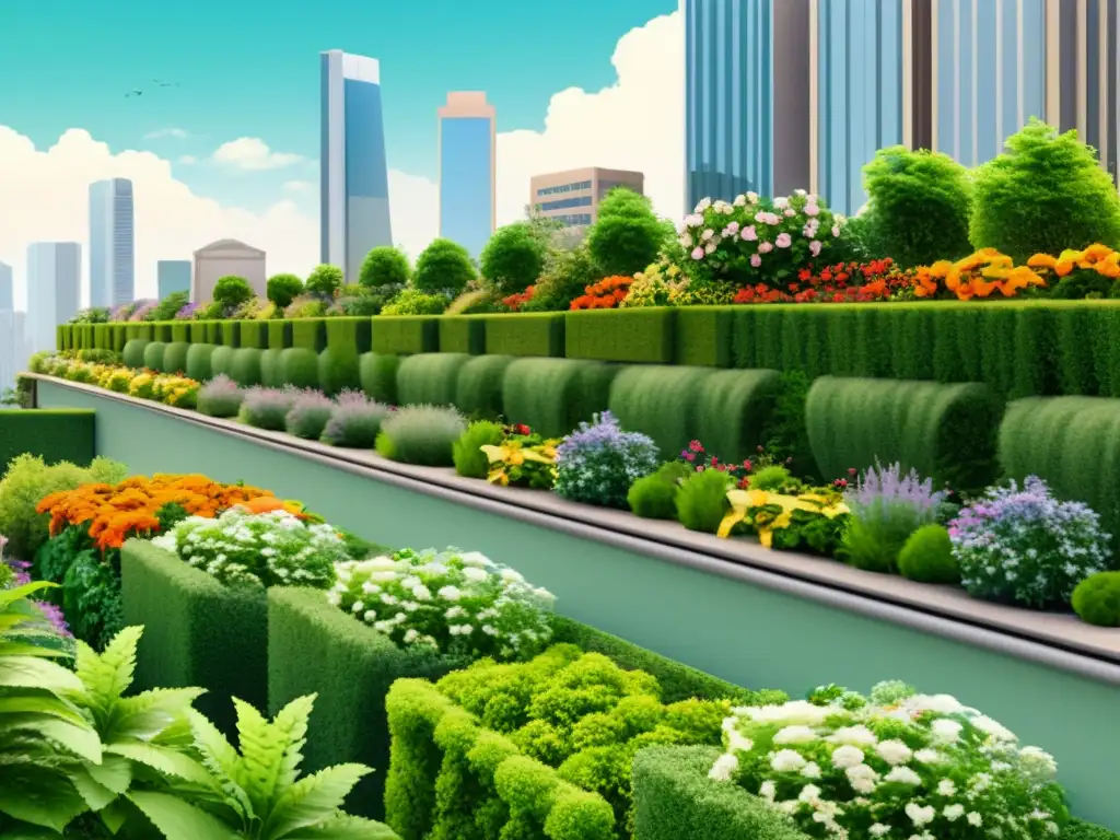 Vista ilustrada de muros de contención ecológicos urbanos con exuberante vegetación integrada en la arquitectura urbana