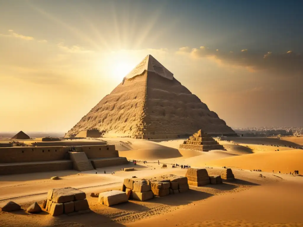 Una vista imponente de la Gran Pirámide de Giza, resaltando su majestuosidad y detalles arquitectónicos