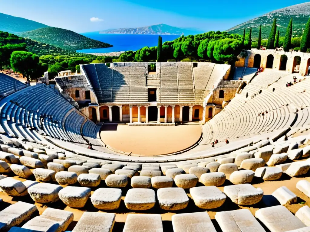 Una vista impresionante del antiguo teatro griego de Epidauro, con su semicírculo de asientos de piedra, escenario adornado y paisaje impresionante