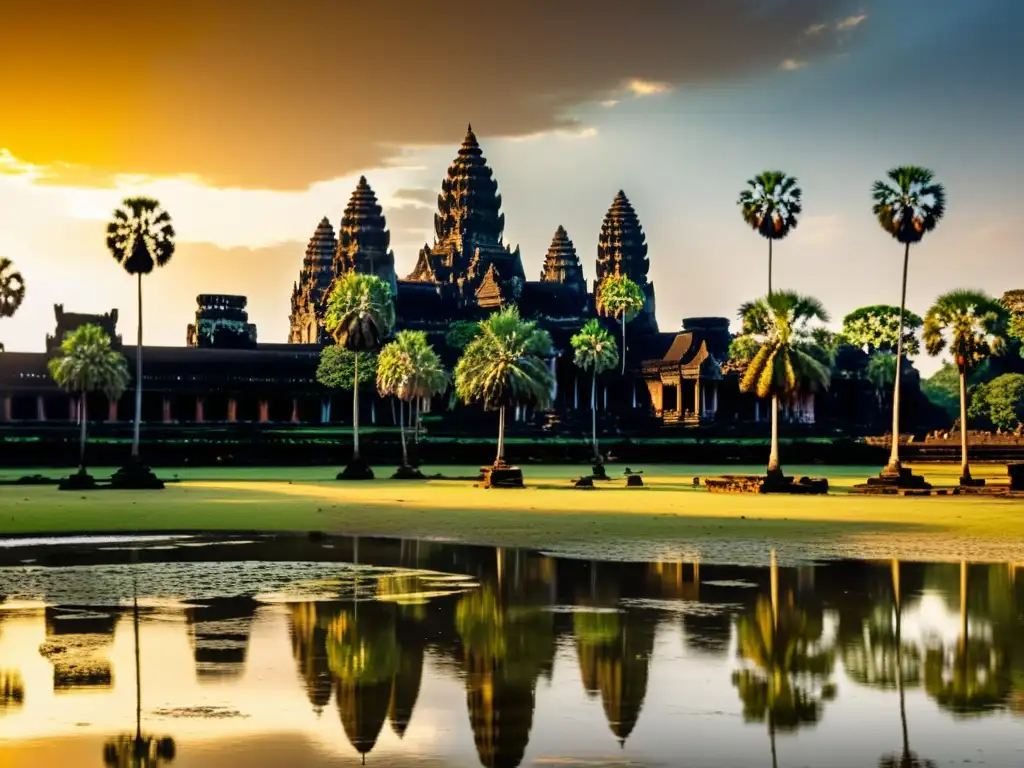 Vista impresionante de la arquitectura del Imperio Khmer en Angkor Wat, con detalles intrincados y atmósfera atemporal