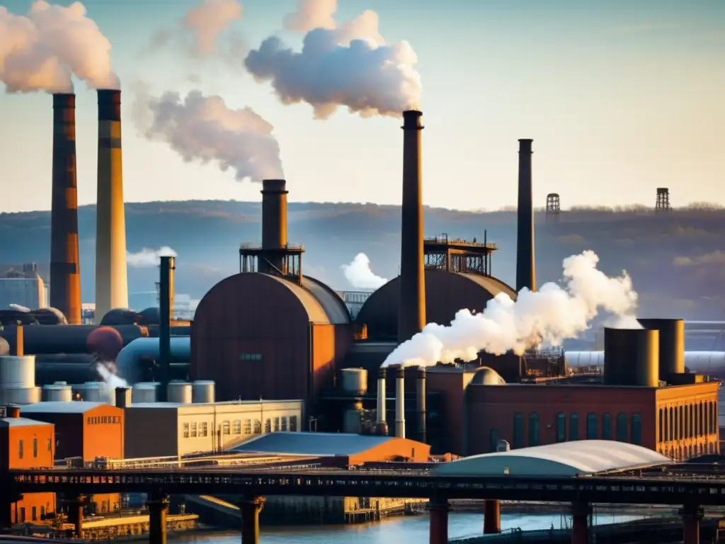 Vista impresionante de la arquitectura en la revolución industrial, combinando elementos históricos y modernos en un paisaje urbano dinámico