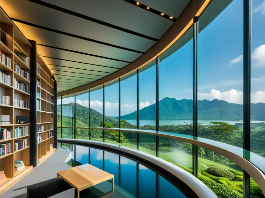 Vista impresionante de una biblioteca moderna en Asia, con arquitectura geométrica y equilibrio entre modernidad y tradición