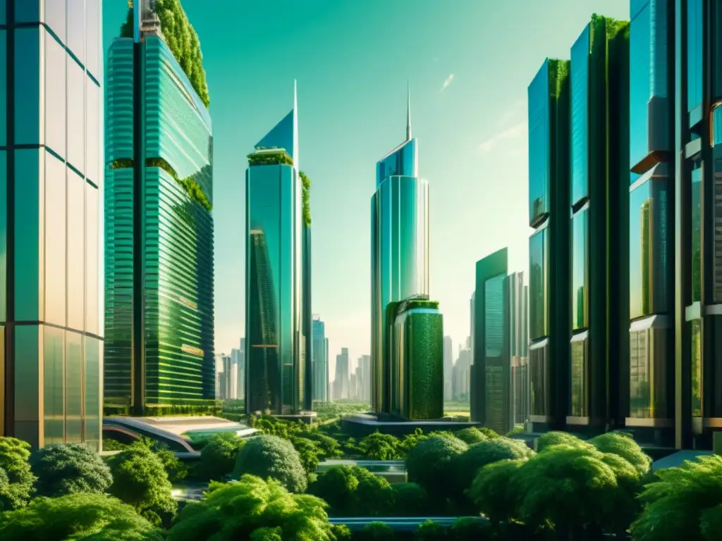 Vista impresionante de una ciudad futurista con rascacielos metálicos y nanotecnología aplicada a la arquitectura futura, integrada con la naturaleza