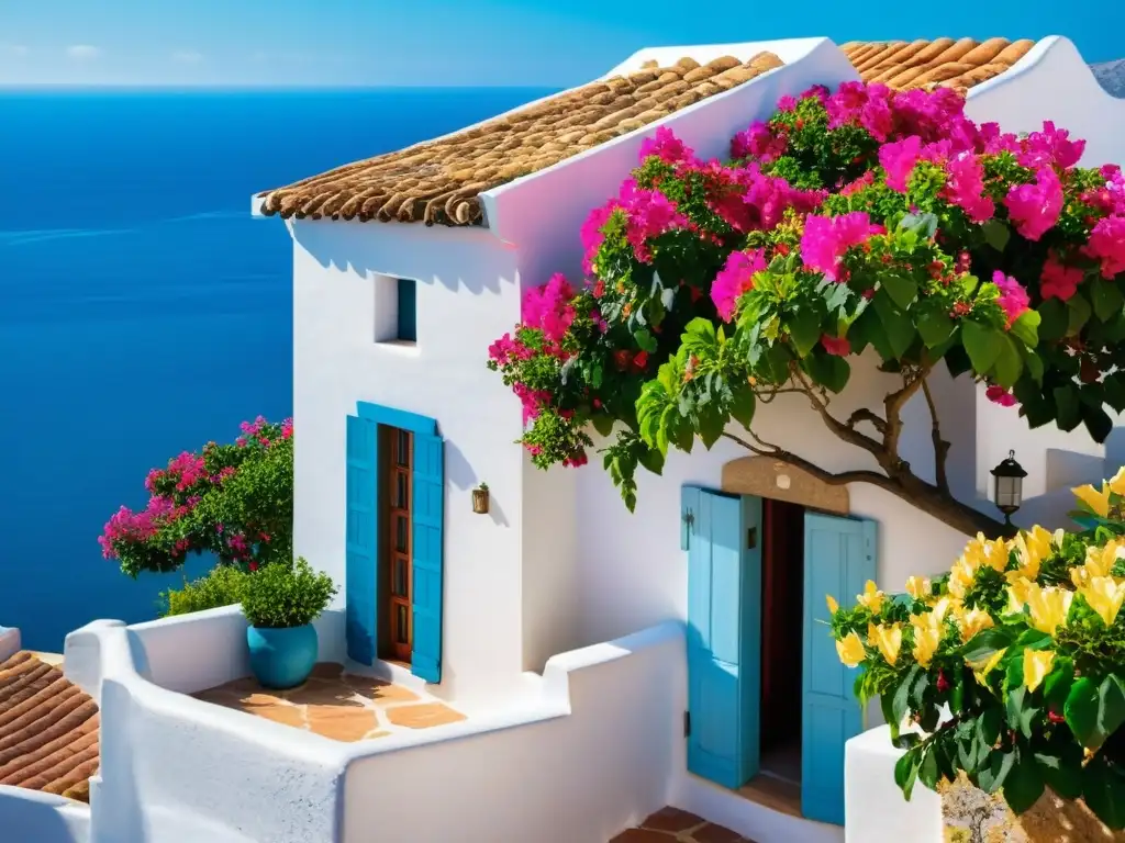 Vista impresionante de edificios de estilo mediterráneo con techos terracota, balcones coloridos y el mar azul de fondo