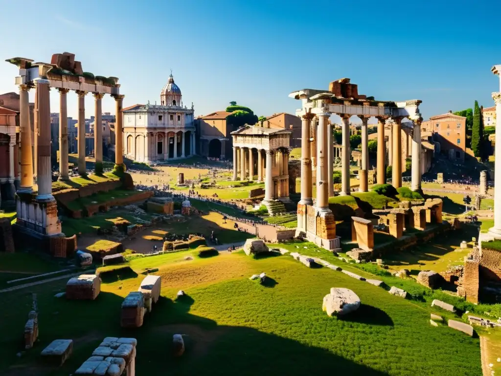 Vista impresionante del Foro Romano, con templos antiguos y visitantes, destacando la importancia del Foro Romano en la historia