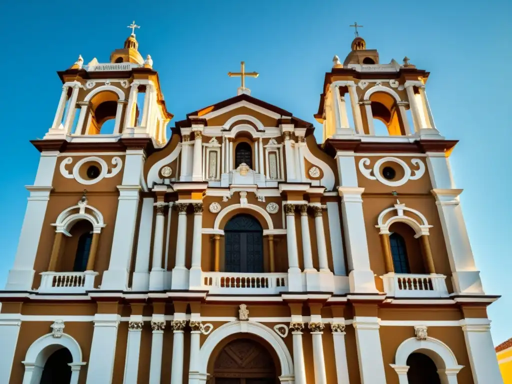 Vista impresionante de una iglesia colonial en América Latina, con detalles ornamentados y torres de campanario contra un cielo azul claro