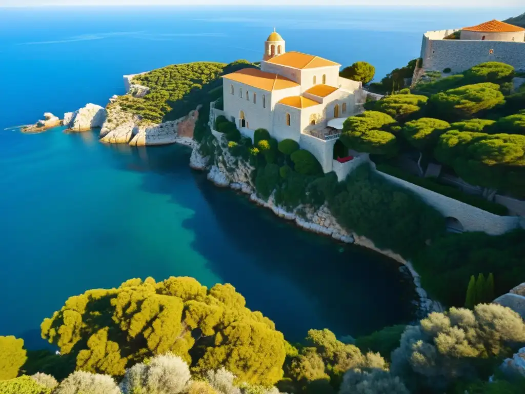 Vista impresionante de un monasterio bizantino en Monte Athos, rodeado de naturaleza exuberante y el mar Egeo