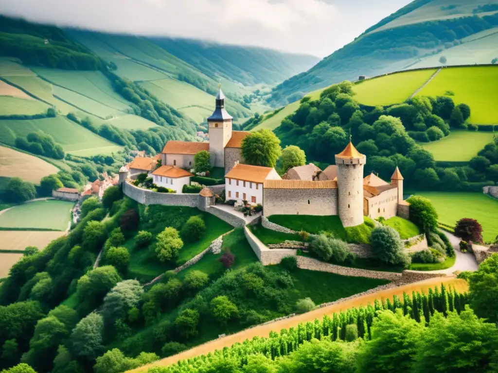 Vista impresionante de un pueblo medieval en colina, con casas de piedra y calles empedradas, rodeado de verdes colinas y muralla protectora