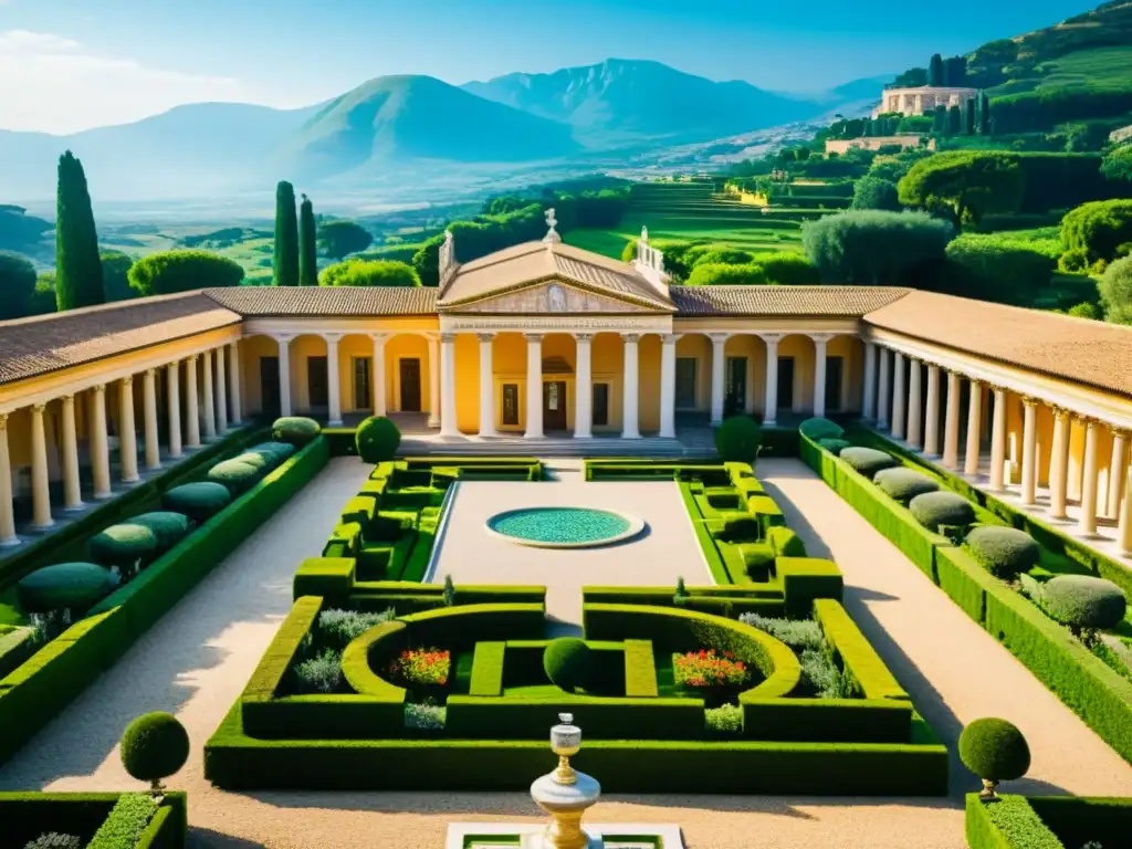 Vista de una lujosa villa romana con mosaicos y jardines exuberantes