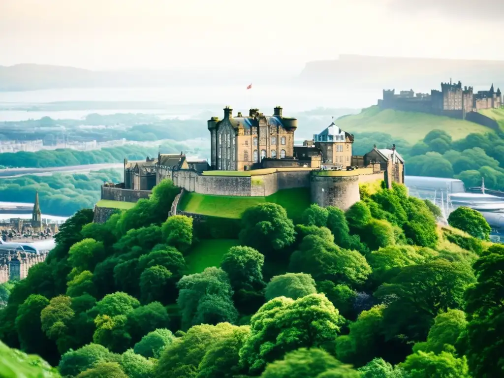 Vista majestuosa del Castillo de Edimburgo en Castle Rock, rodeado de vegetación, con fortificaciones medievales de Escocia en el fondo