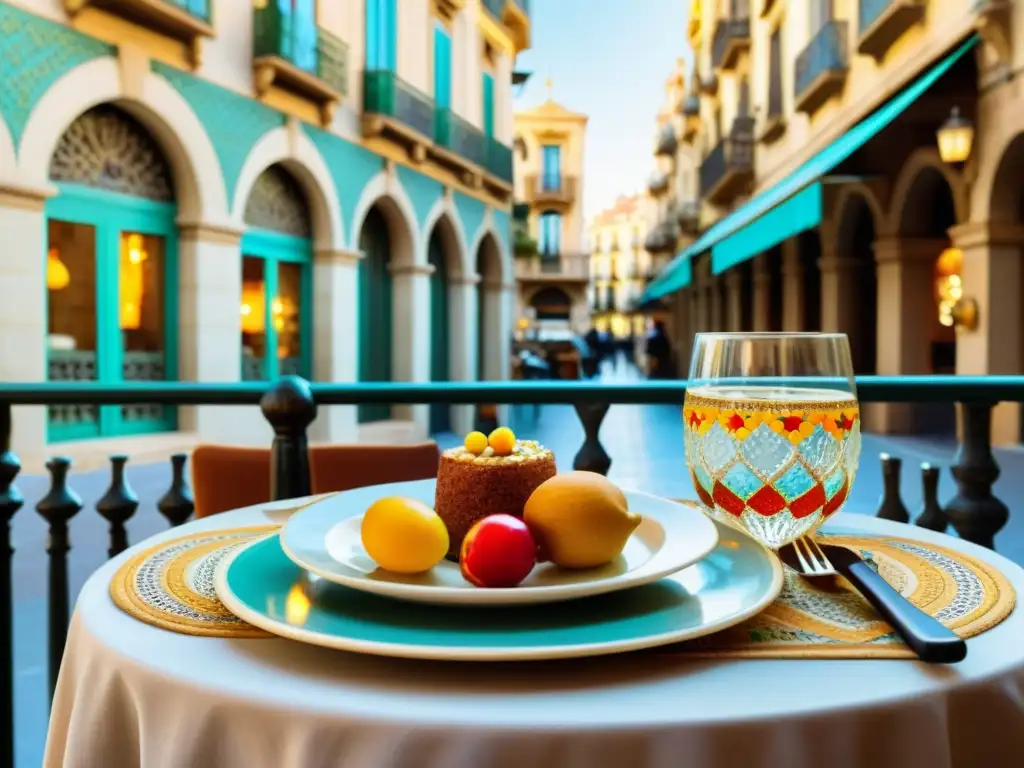 Vista de una mesa bien puesta en un encantador café al aire libre en Barcelona, con arquitectura Gaudí en el fondo