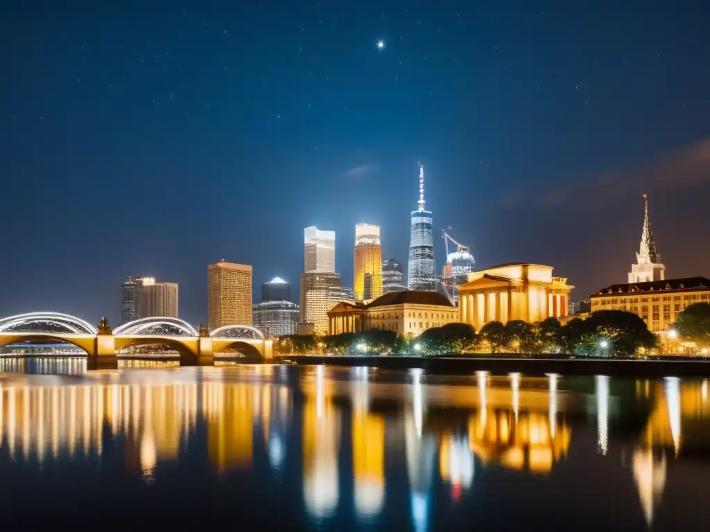 Vista nocturna de la ciudad con rascacielos iluminados reflejados en el río, diseño lumínico en rascacielos urbanos