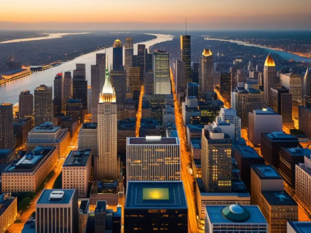 Vista nostálgica de la bulliciosa ciudad al atardecer desde un mirador urbano de rascacielos