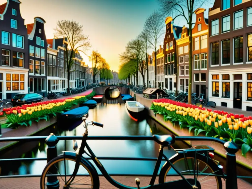 Canal de Amsterdam: Belleza Vintage y Tradición Holandesa Vista nostálgica de canales de Ámsterdam, reflejando la ingeniería histórica de la ciudad y su encantadora arquitectura holandesa