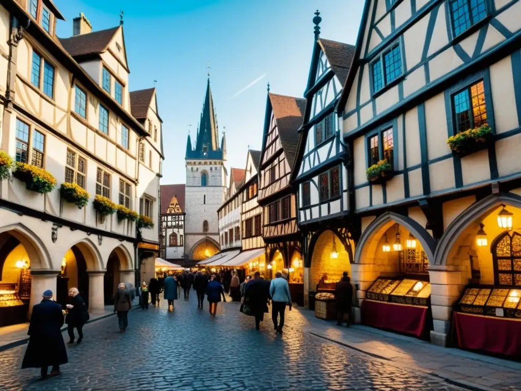 Vista nostálgica de una ciudad medieval con arquitectura gótica, calles empedradas y actividad bulliciosa