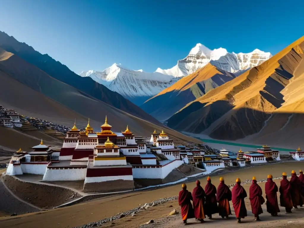 Vista panorámica de las alturas tibetanas con arquitectura monástica y monjes en rituales