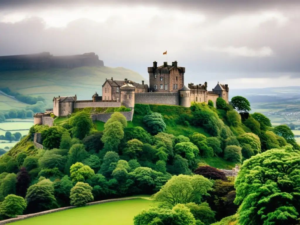 Vista panorámica del antiguo Castillo de Stirling en Escocia, con fortificaciones medievales y un paisaje escocés pintoresco