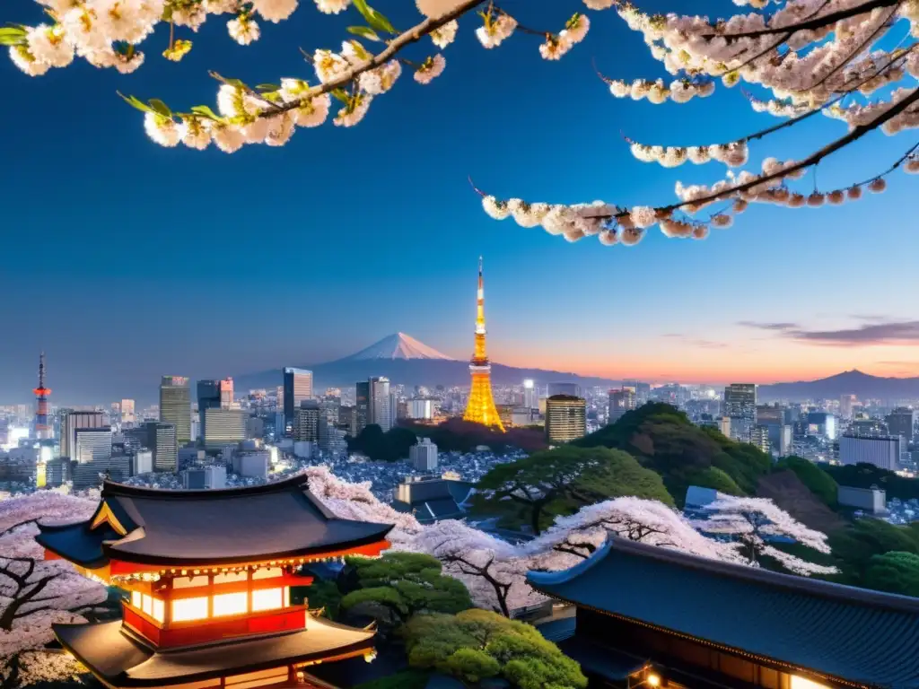 Vista panorámica de Tokio, con arquitectura moderna y tradicional, luces brillantes y árboles de cerezo en flor