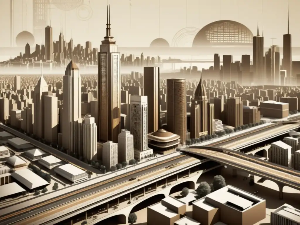 Vista panorámica de una ciudad futurista en blueprint sepia con preferencias usuarios arquitectura moderna